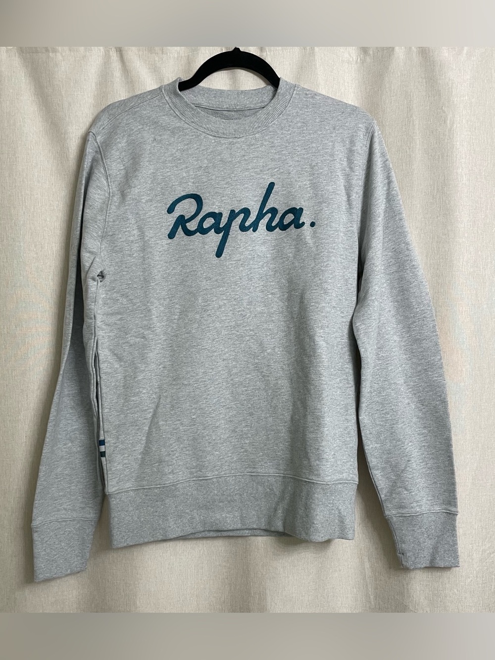 Rapha Logo Crewneck Sweatshirt Gray Blue Script Pullover Size S Cycling Luxe